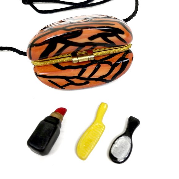 Vintage Faux Limoge Porcelain Animal Print Purse Necklace w Accessories - Picture 6 of 8